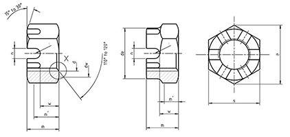 DIN 937 Hex Castle Nuts, Low Form drawing